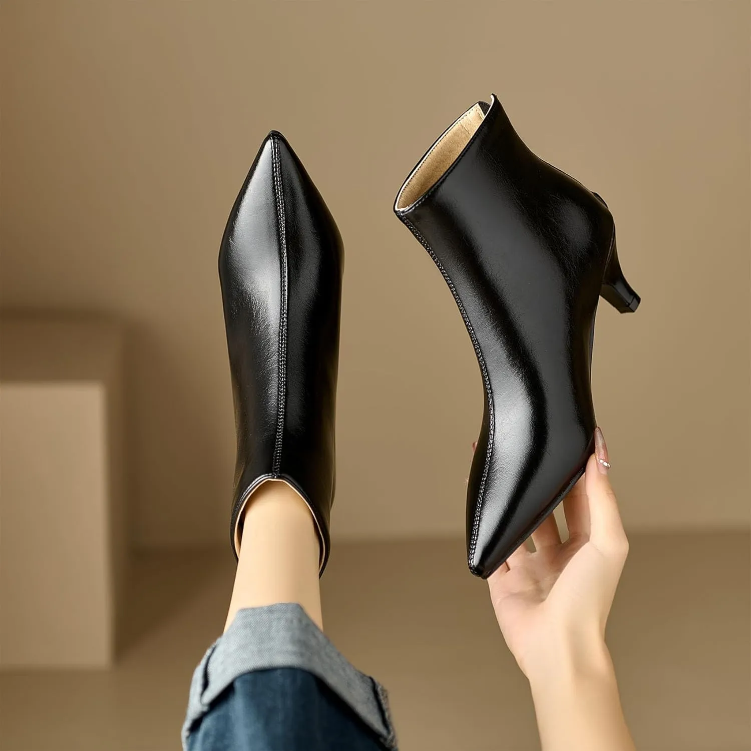 SHEMEE Fashion Womens Kitten Heels Ankle Boots Sexy Pointy Toe Booties Mid Heels Zipper Work Party Dress Shoes