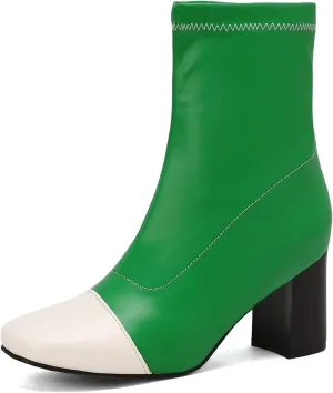 SHEMEE Two Tone Ankle Boots for Women Chunky Block Heels Square Toe High Heeled Booties Pull On Fall Winter Dress Shoes