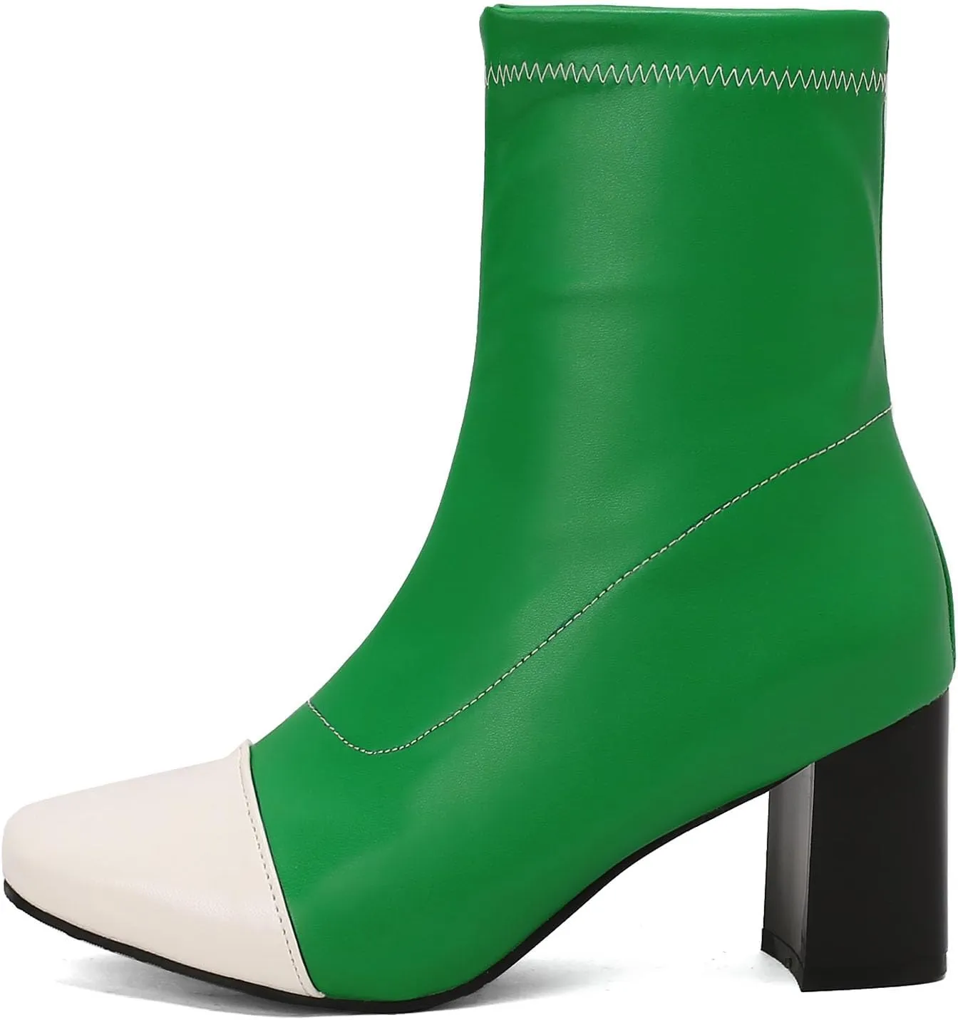 SHEMEE Two Tone Ankle Boots for Women Chunky Block Heels Square Toe High Heeled Booties Pull On Fall Winter Dress Shoes