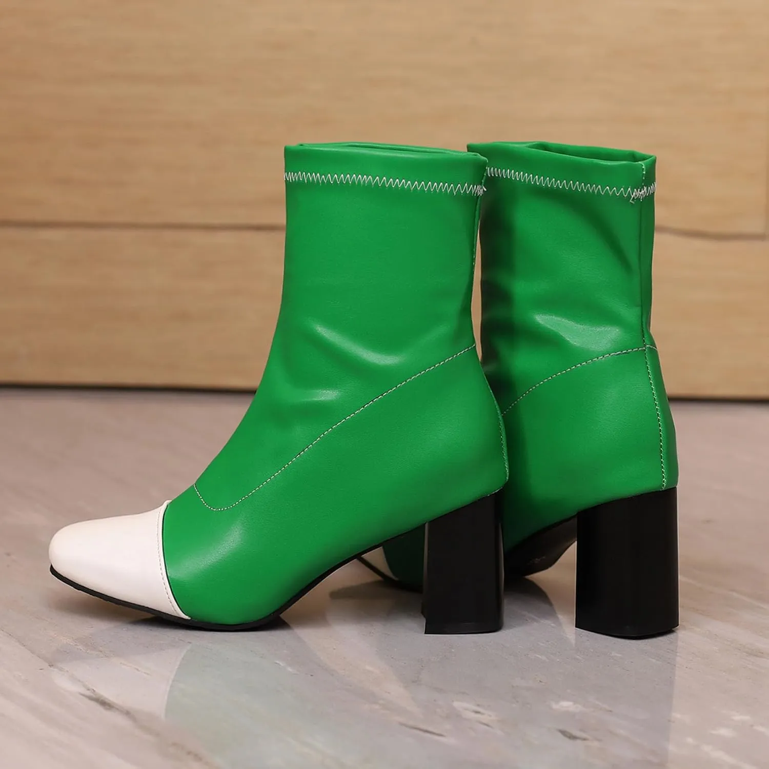 SHEMEE Two Tone Ankle Boots for Women Chunky Block Heels Square Toe High Heeled Booties Pull On Fall Winter Dress Shoes