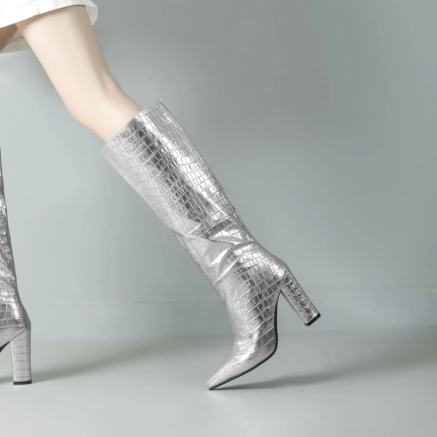 SHEMEE Women's Colorful Snakeskin Knee High Boot Chunky Block High Heels Snake Print Round Toe Zipper Slouch Shoes