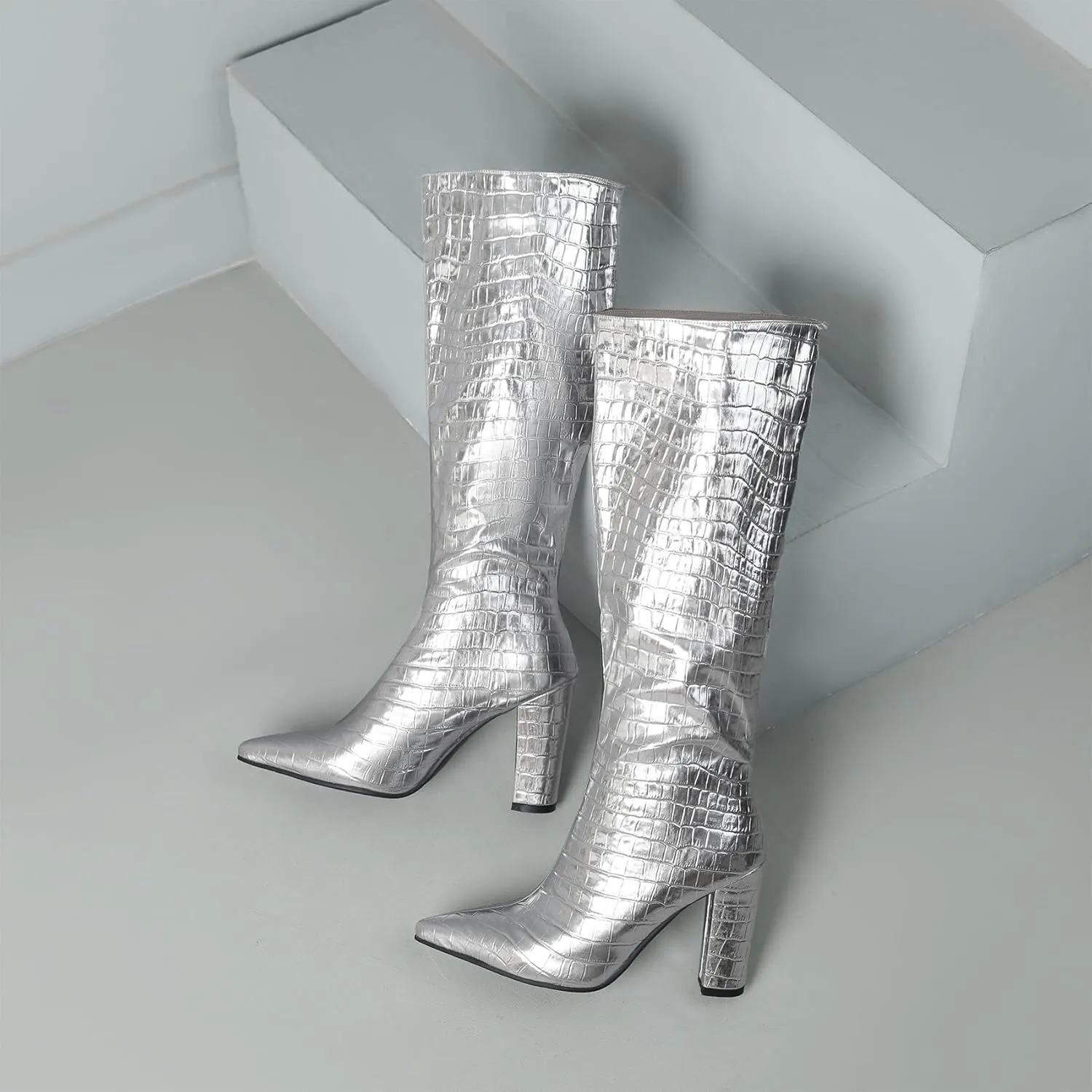 SHEMEE Women's Colorful Snakeskin Knee High Boot Chunky Block High Heels Snake Print Round Toe Zipper Slouch Shoes