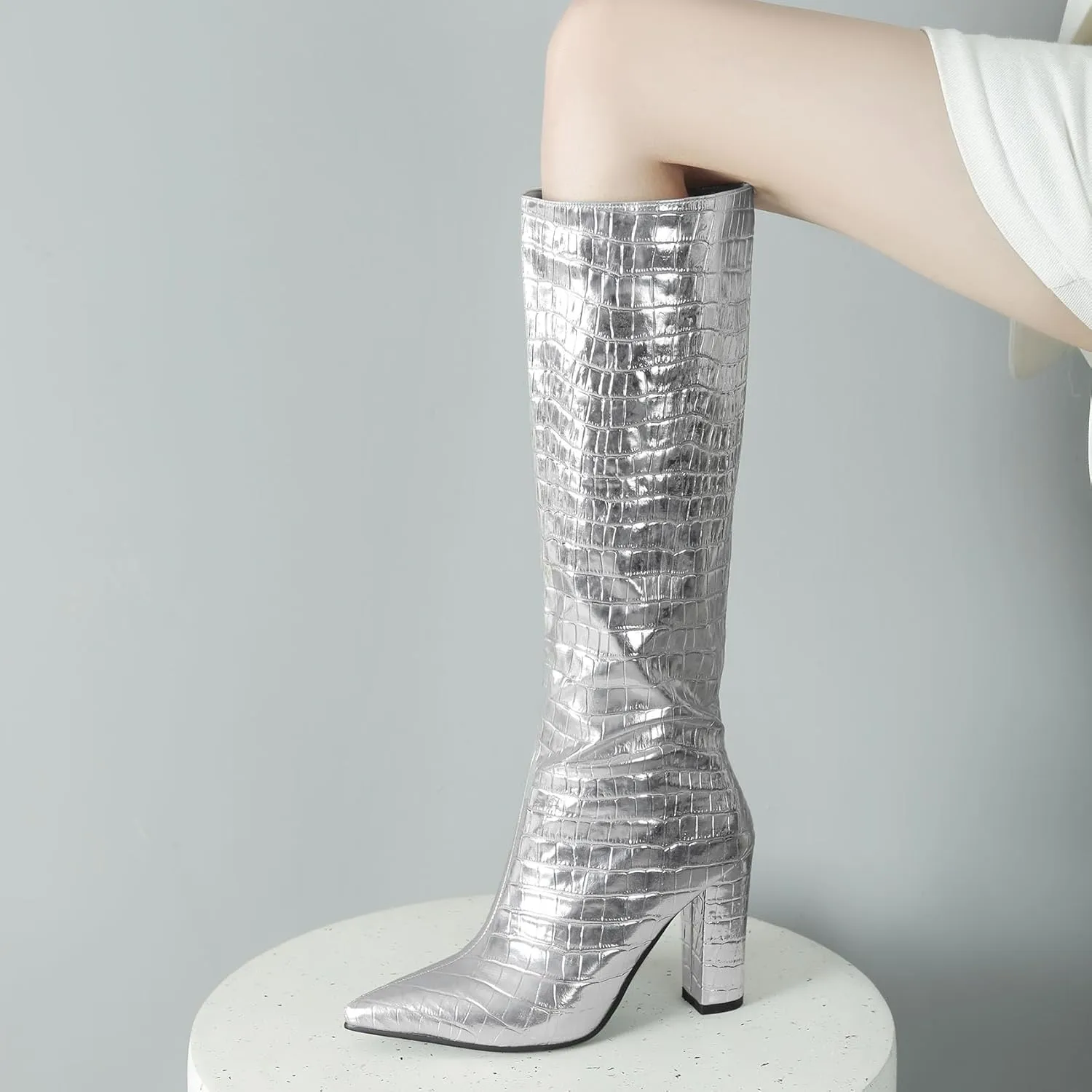 SHEMEE Women's Colorful Snakeskin Knee High Boot Chunky Block High Heels Snake Print Round Toe Zipper Slouch Shoes