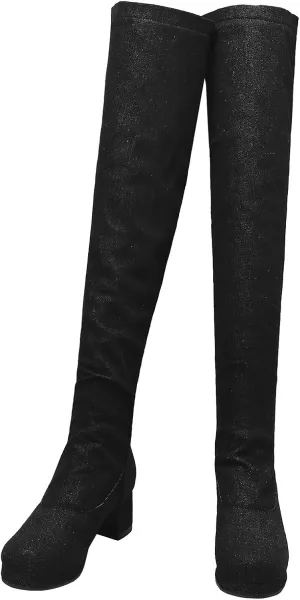 SHEMEE Women's Denim Low Heels Over The Knee Boots Flat Thigh High Boots Round Toe Side Zipper Long Boots