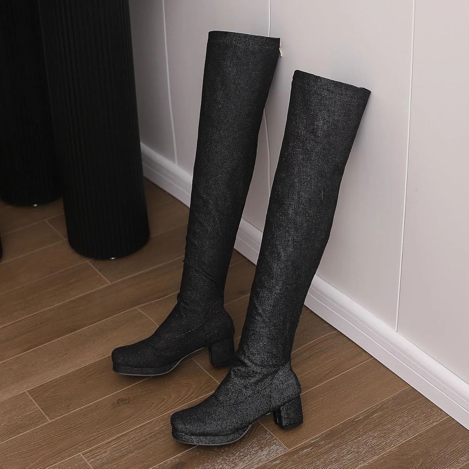 SHEMEE Women's Denim Low Heels Over The Knee Boots Flat Thigh High Boots Round Toe Side Zipper Long Boots