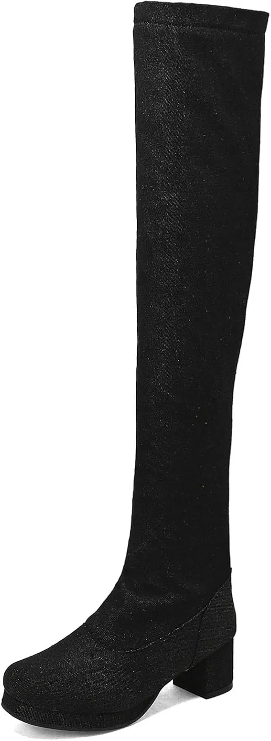SHEMEE Women's Denim Low Heels Over The Knee Boots Flat Thigh High Boots Round Toe Side Zipper Long Boots
