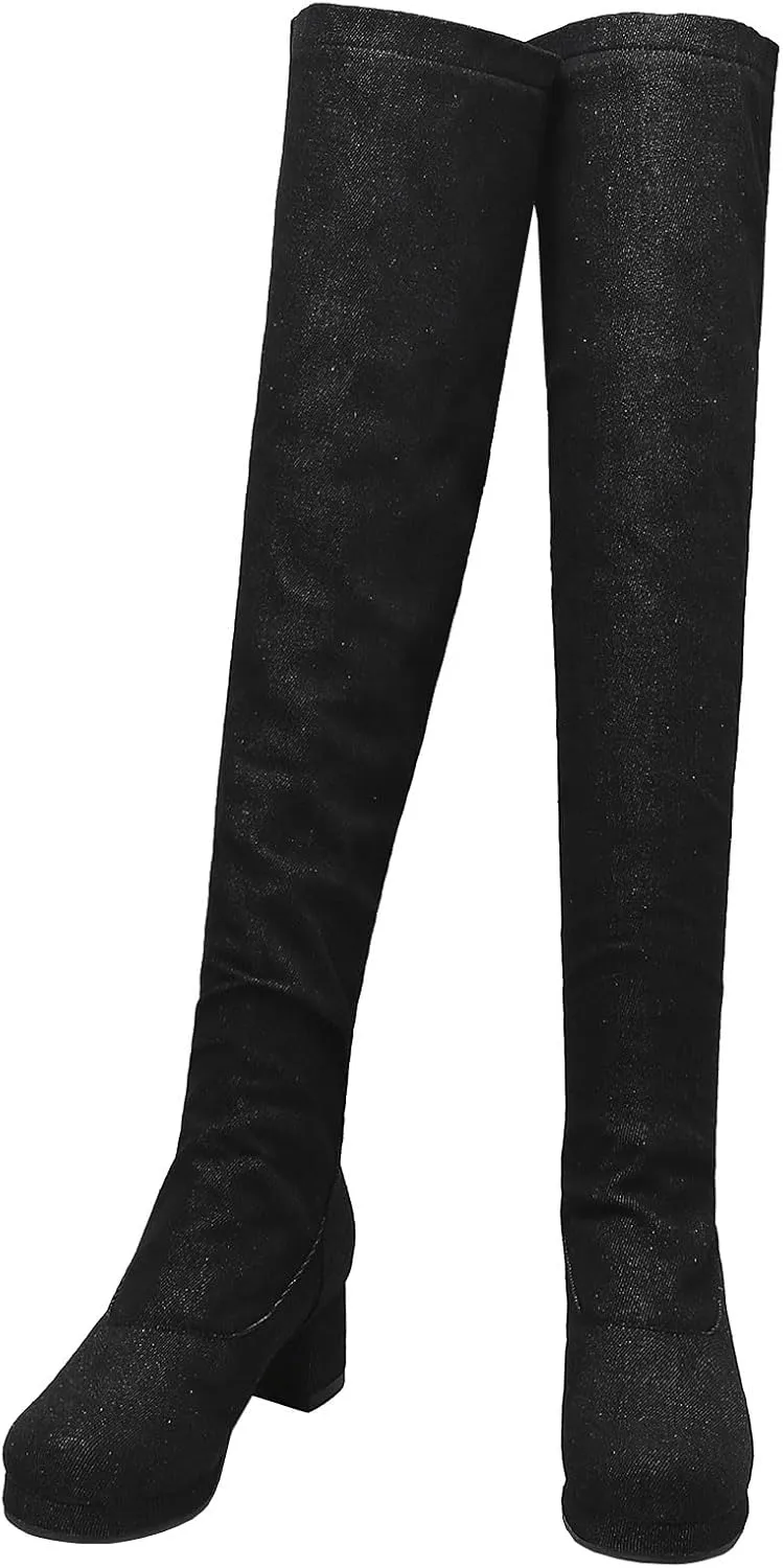 SHEMEE Women's Denim Low Heels Over The Knee Boots Flat Thigh High Boots Round Toe Side Zipper Long Boots