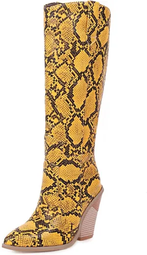 SHEMEE Women's Snake Skin Knee High Boots Chunky Heels Western Cowboy Cowgirl Boots Snakeskin Print Block Heeled Tall Boots