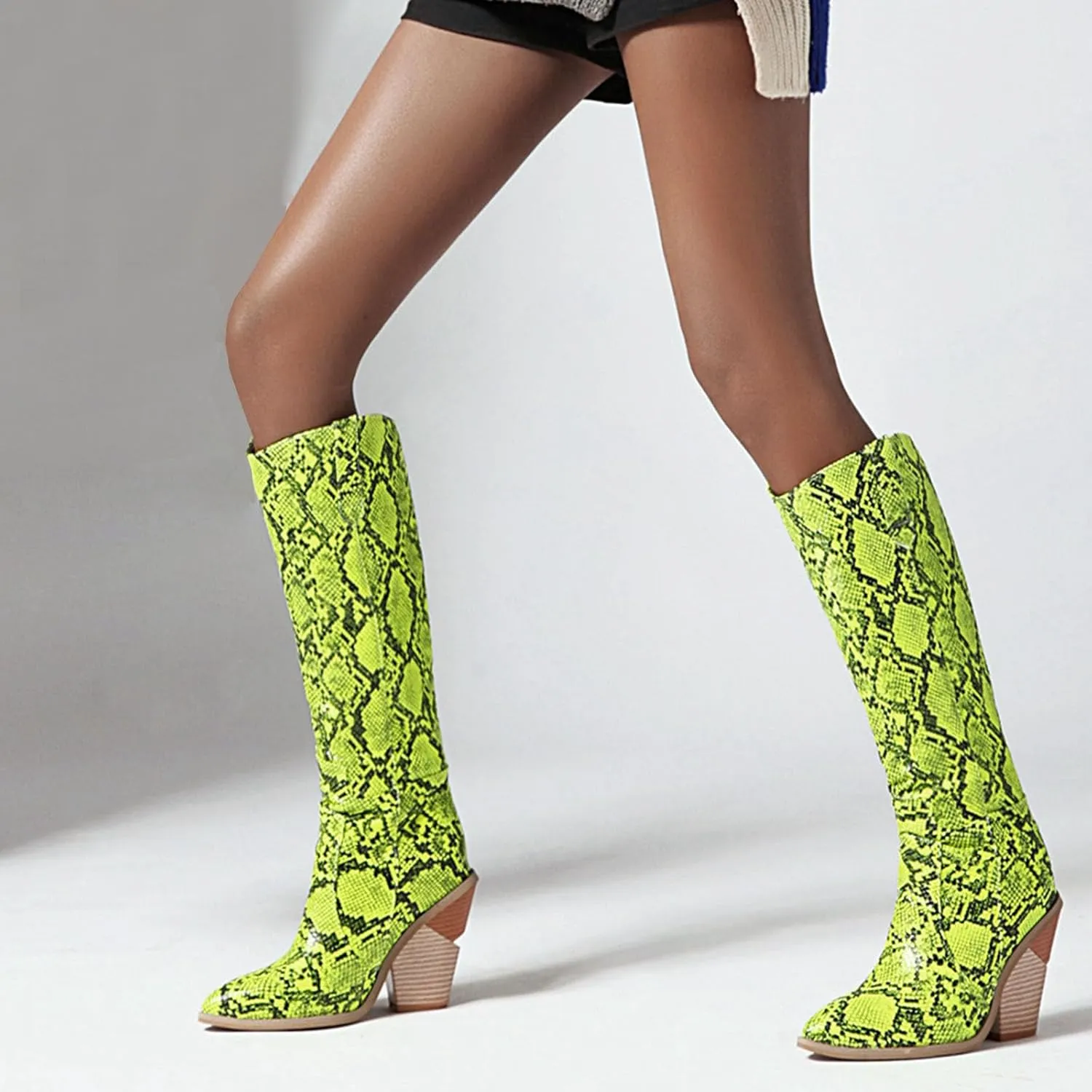 SHEMEE Women's Snake Skin Knee High Boots Chunky Heels Western Cowboy Cowgirl Boots Snakeskin Print Block Heeled Tall Boots