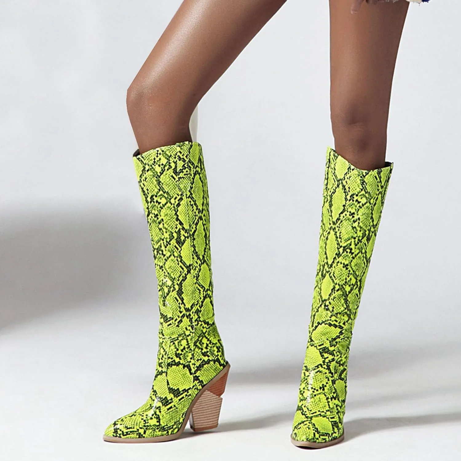 SHEMEE Women's Snake Skin Knee High Boots Chunky Heels Western Cowboy Cowgirl Boots Snakeskin Print Block Heeled Tall Boots