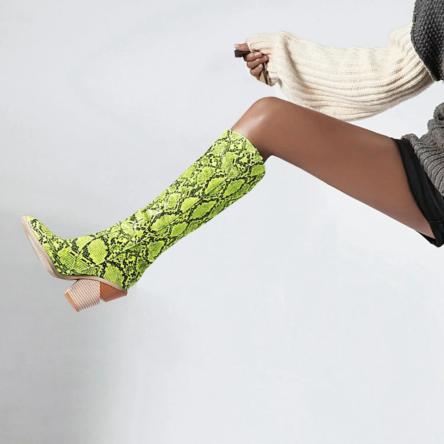 SHEMEE Women's Snake Skin Knee High Boots Chunky Heels Western Cowboy Cowgirl Boots Snakeskin Print Block Heeled Tall Boots