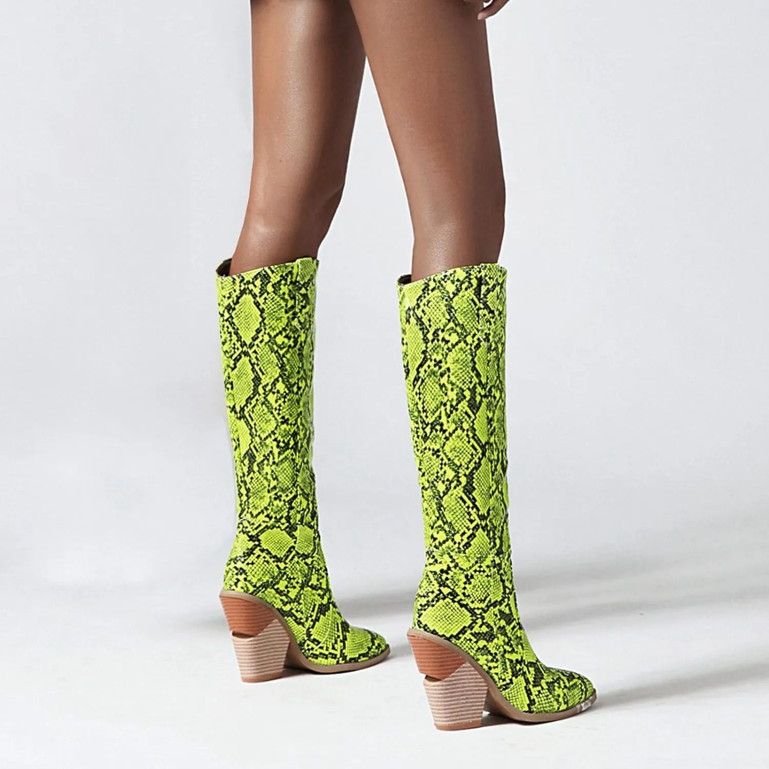 SHEMEE Women's Snake Skin Knee High Boots Chunky Heels Western Cowboy Cowgirl Boots Snakeskin Print Block Heeled Tall Boots