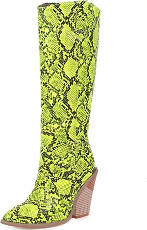 SHEMEE Women's Snake Skin Knee High Boots Chunky Heels Western Cowboy Cowgirl Boots Snakeskin Print Block Heeled Tall Boots