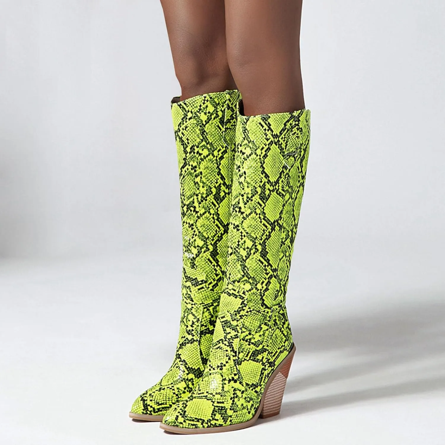 SHEMEE Women's Snake Skin Knee High Boots Chunky Heels Western Cowboy Cowgirl Boots Snakeskin Print Block Heeled Tall Boots