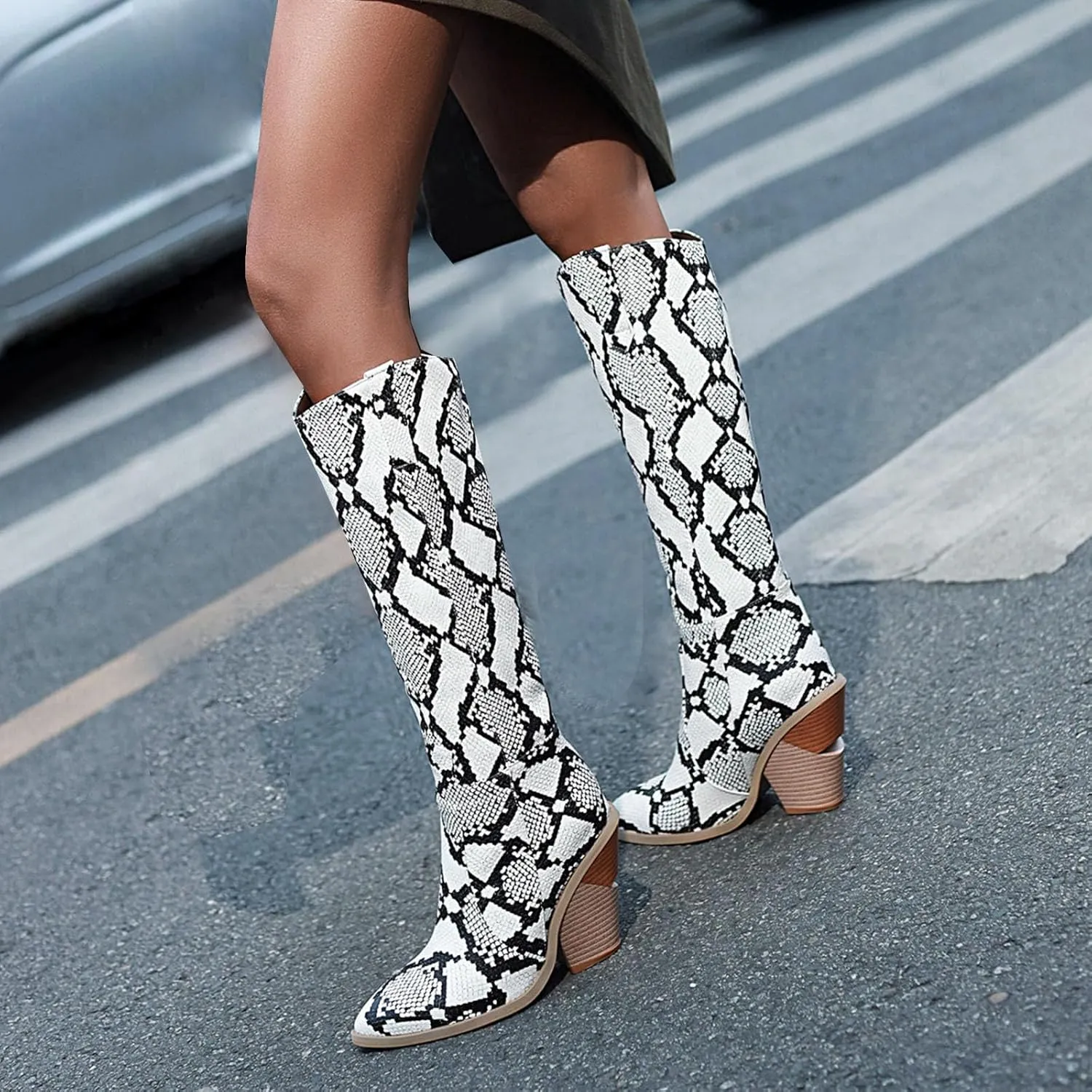 SHEMEE Women's Snake Skin Knee High Boots Chunky Heels Western Cowboy Cowgirl Boots Snakeskin Print Block Heeled Tall Boots