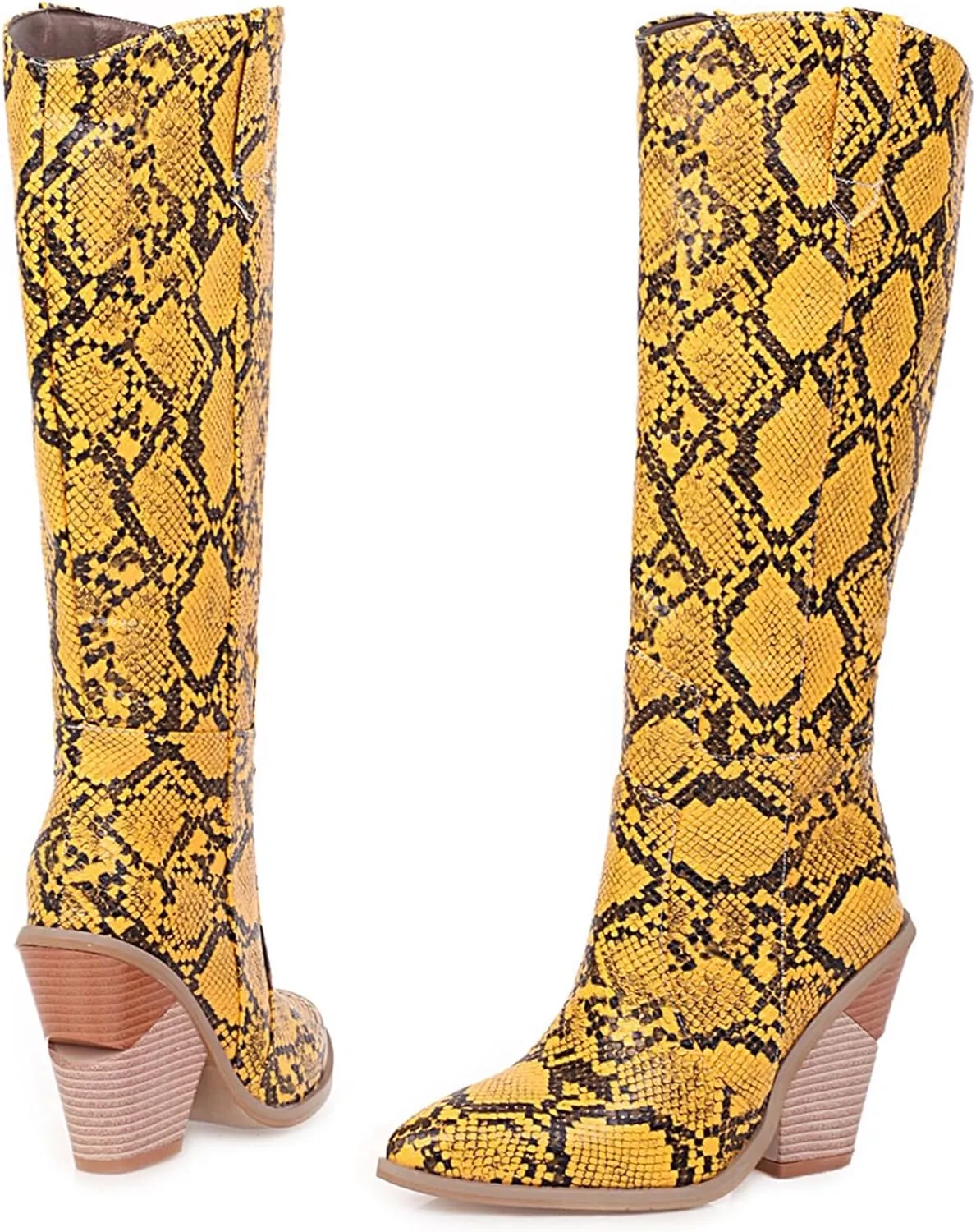 SHEMEE Women's Snake Skin Knee High Boots Chunky Heels Western Cowboy Cowgirl Boots Snakeskin Print Block Heeled Tall Boots