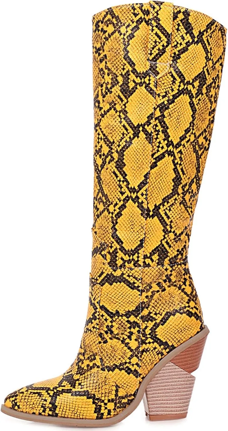 SHEMEE Women's Snake Skin Knee High Boots Chunky Heels Western Cowboy Cowgirl Boots Snakeskin Print Block Heeled Tall Boots