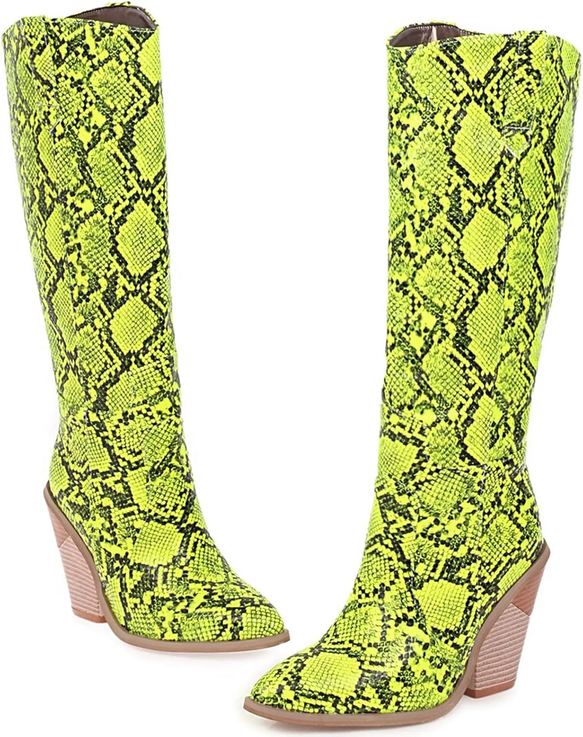 SHEMEE Women's Snake Skin Knee High Boots Chunky Heels Western Cowboy Cowgirl Boots Snakeskin Print Block Heeled Tall Boots