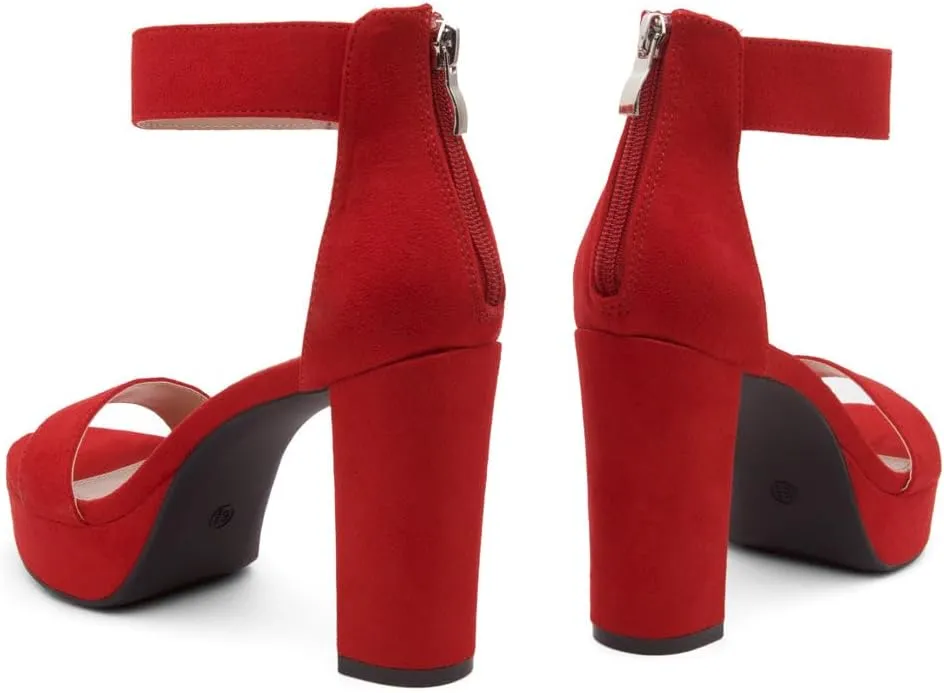 Shoe Land SL-Cutesy Women's Platform Heels Chunky Block High Heeled Sandals Open Toe Ankle Strappy High Heels Black Red Chunky Platform Heels for Prom Wedding Party