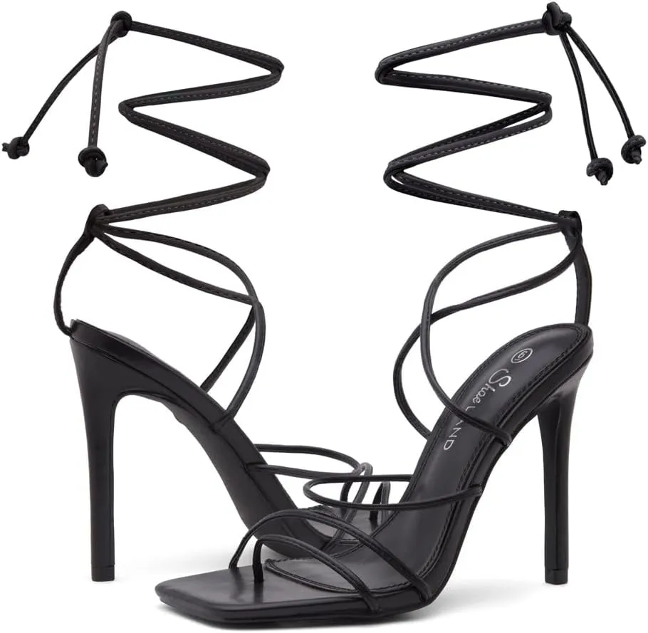 Shoe Land SL-Finely Women's Lace-Up Heels, Square Open Toe Ankle Wrap Tie-Up Heeled Sandals, 4-Inch Stiletto Strappy Dress Sandals for Party, Wedding, and Prom