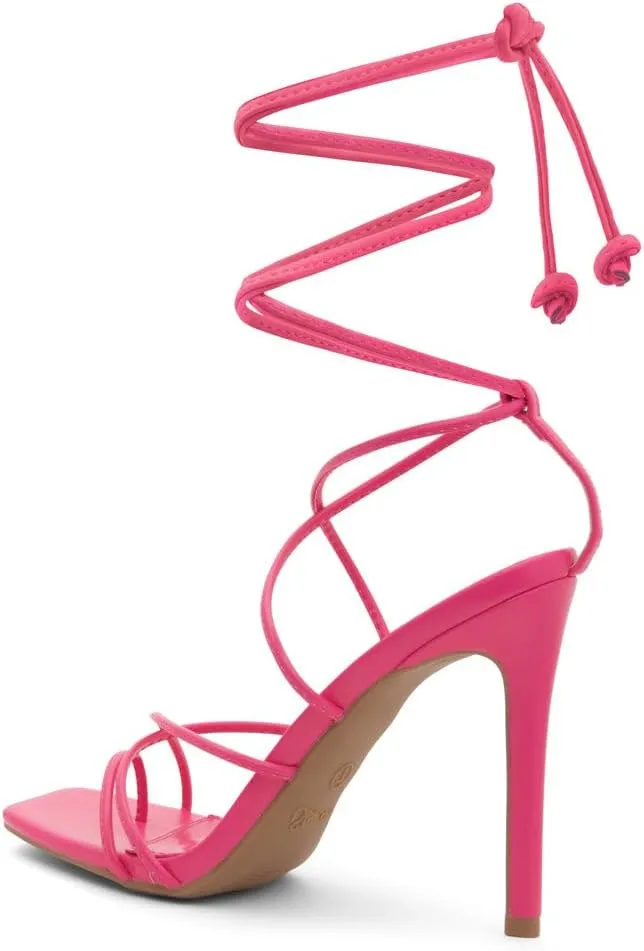 Shoe Land SL-Finely Women's Lace-Up Heels, Square Open Toe Ankle Wrap Tie-Up Heeled Sandals, 4-Inch Stiletto Strappy Dress Sandals for Party, Wedding, and Prom