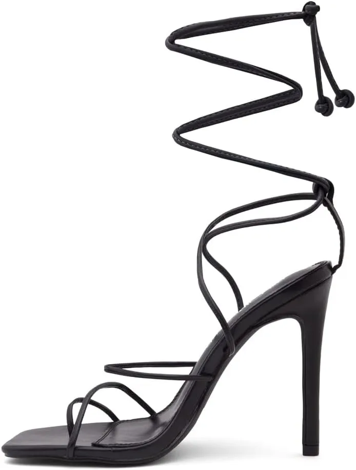 Shoe Land SL-Finely Women's Lace-Up Heels, Square Open Toe Ankle Wrap Tie-Up Heeled Sandals, 4-Inch Stiletto Strappy Dress Sandals for Party, Wedding, and Prom