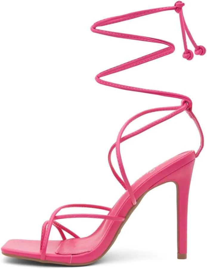 Shoe Land SL-Finely Women's Lace-Up Heels, Square Open Toe Ankle Wrap Tie-Up Heeled Sandals, 4-Inch Stiletto Strappy Dress Sandals for Party, Wedding, and Prom