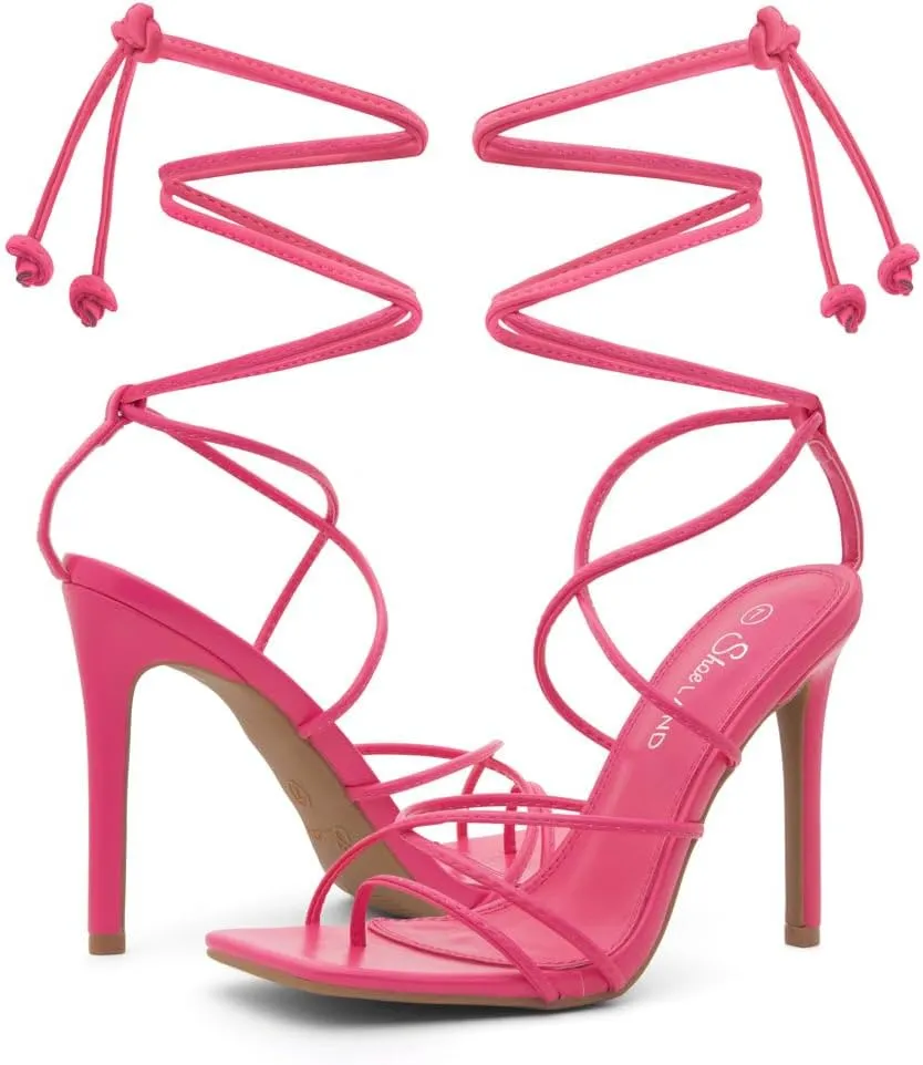 Shoe Land SL-Finely Women's Lace-Up Heels, Square Open Toe Ankle Wrap Tie-Up Heeled Sandals, 4-Inch Stiletto Strappy Dress Sandals for Party, Wedding, and Prom