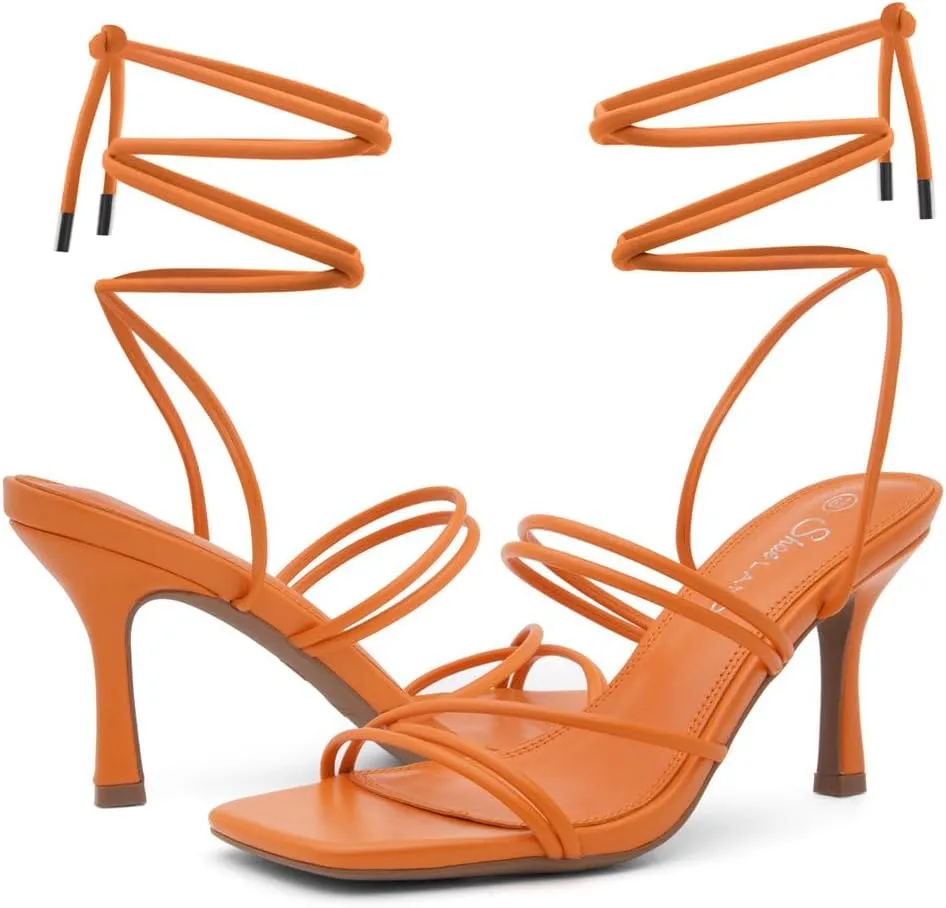Shoe Land SL-Lumi Women's Lace-Up Heels, Square Open Toe Strappy Heeled Sandals, Ankle Wrap Tie-Up High Heels, Dressy Stiletto Heels for Prom, Wedding, and Party