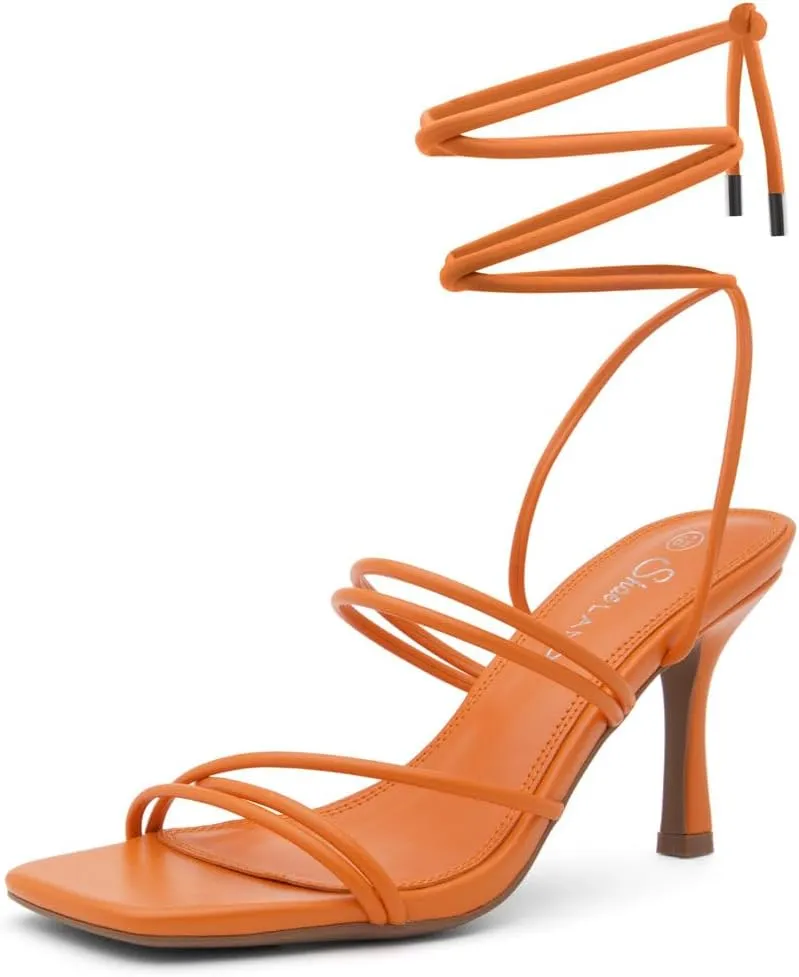 Shoe Land SL-Lumi Women's Lace-Up Heels, Square Open Toe Strappy Heeled Sandals, Ankle Wrap Tie-Up High Heels, Dressy Stiletto Heels for Prom, Wedding, and Party