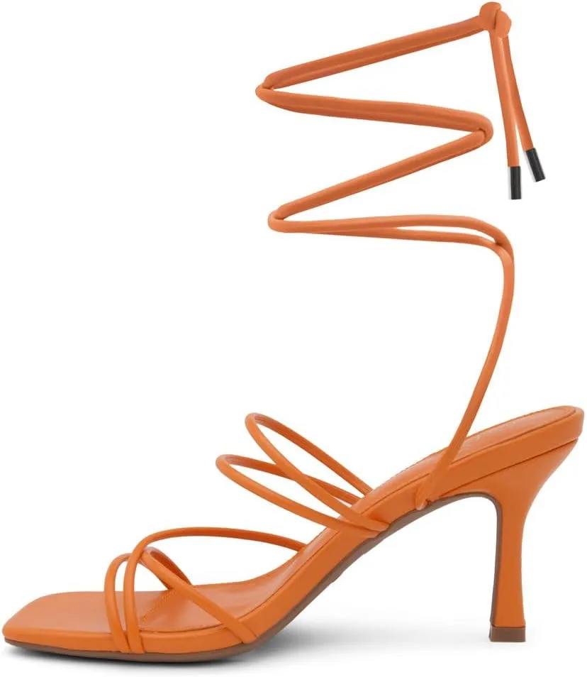 Shoe Land SL-Lumi Women's Lace-Up Heels, Square Open Toe Strappy Heeled Sandals, Ankle Wrap Tie-Up High Heels, Dressy Stiletto Heels for Prom, Wedding, and Party
