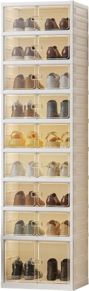 Shoe Organizer Storage Box, 18 Pairs Foldable Shoe Rack for Closet with Dustproof Doors, No Assembly Stackable Boot Shoes Boxes Cabinet Bins for Men and Women Fit Size up to 14,9 Tiers