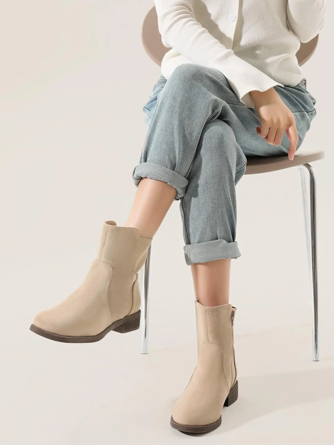 Shoe'N Tale Ankle Boots for Women Low Chunky Round Toe Short Boots Block Heel Booties Side Zipper