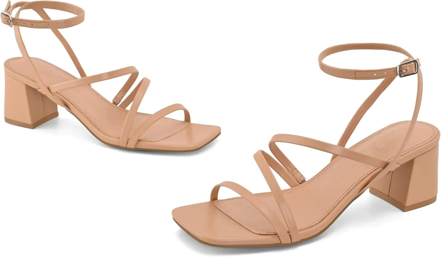 Shoe'N Tale Strappy Heels for Women Low Chunky Block Heel Dress Shoes Square Open Toe Ankle Strap Heeled Sandals