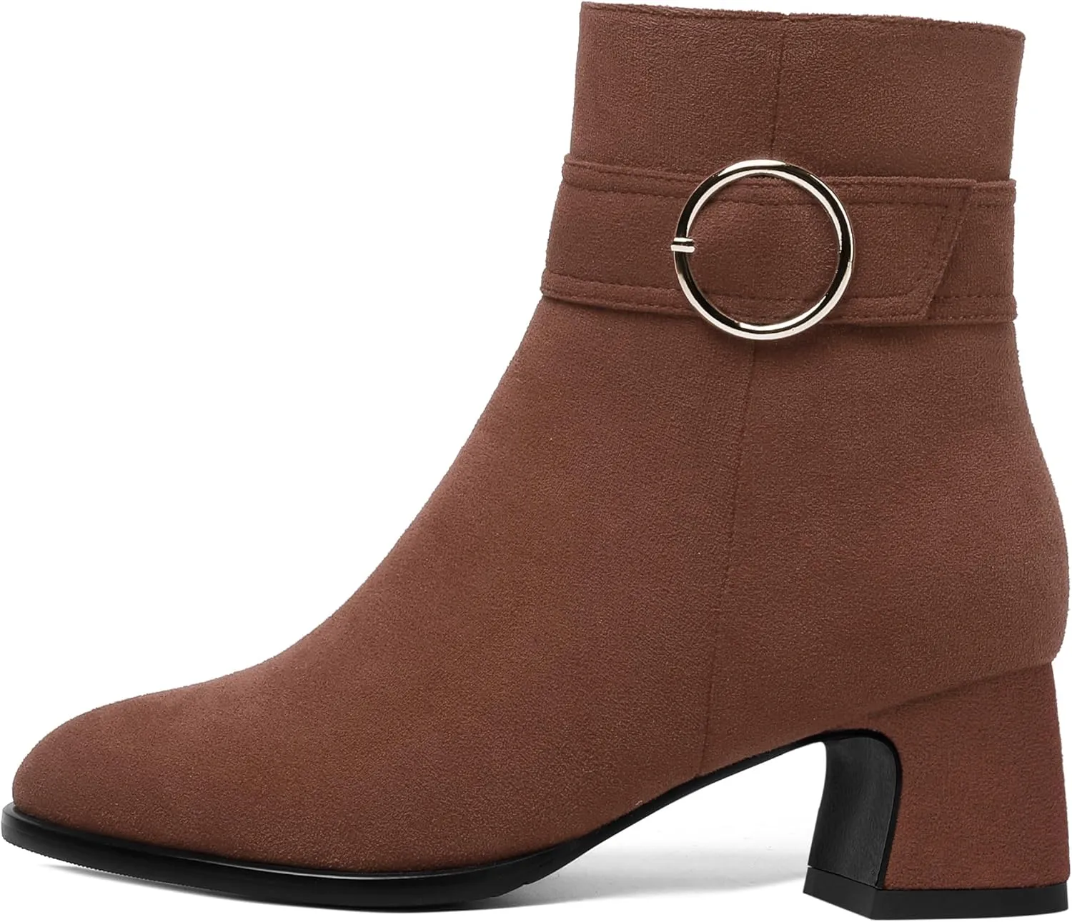 SHOWFOREST Womens Round Toe Travel Buckle Suede Solid Hiking Ankle Strap Chunky Low Heel Ankle High Boots 2 Inch