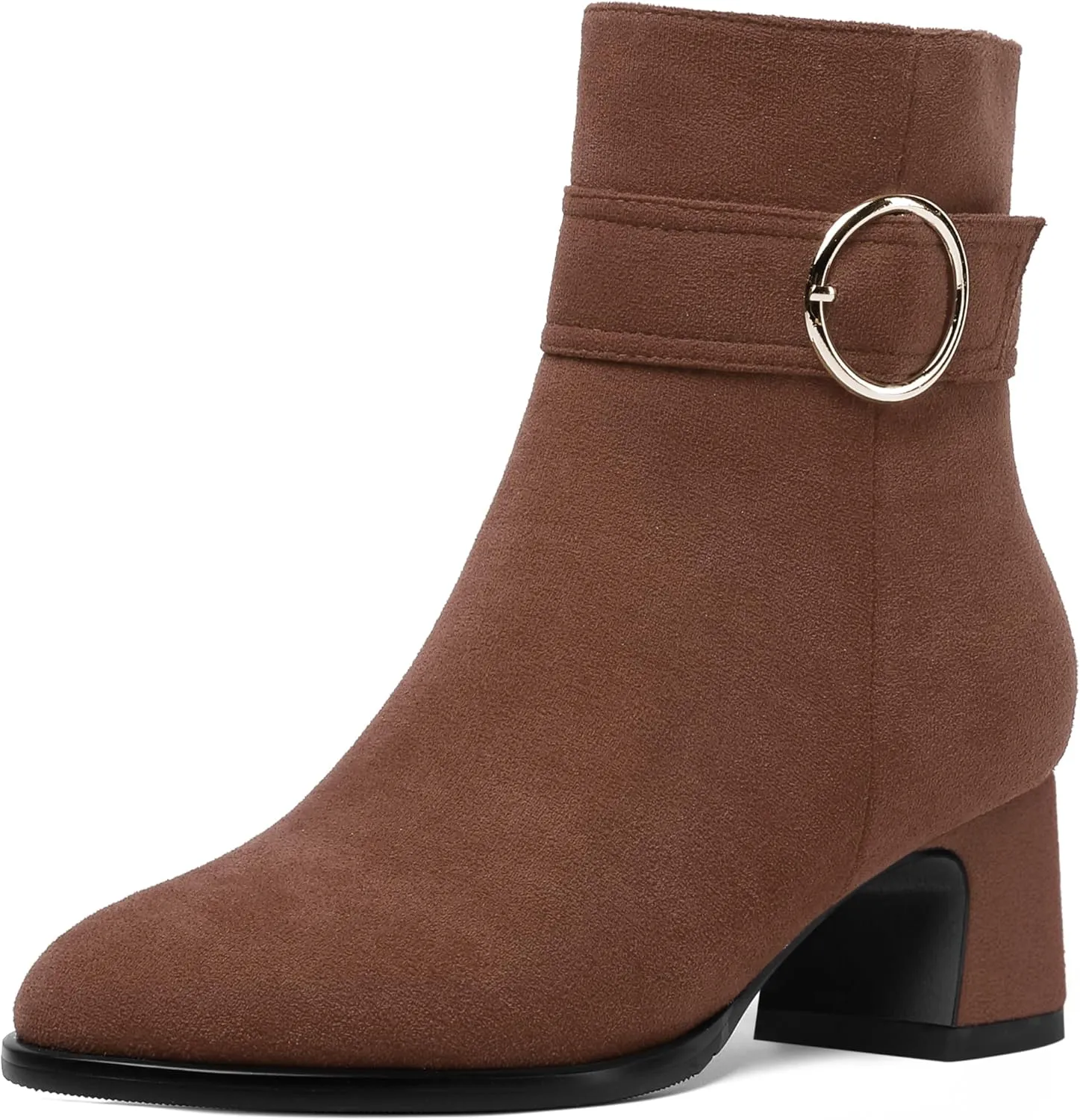 SHOWFOREST Womens Round Toe Travel Buckle Suede Solid Hiking Ankle Strap Chunky Low Heel Ankle High Boots 2 Inch