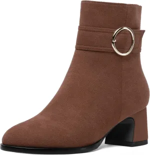 SHOWFOREST Womens Round Toe Travel Buckle Suede Solid Hiking Ankle Strap Chunky Low Heel Ankle High Boots 2 Inch