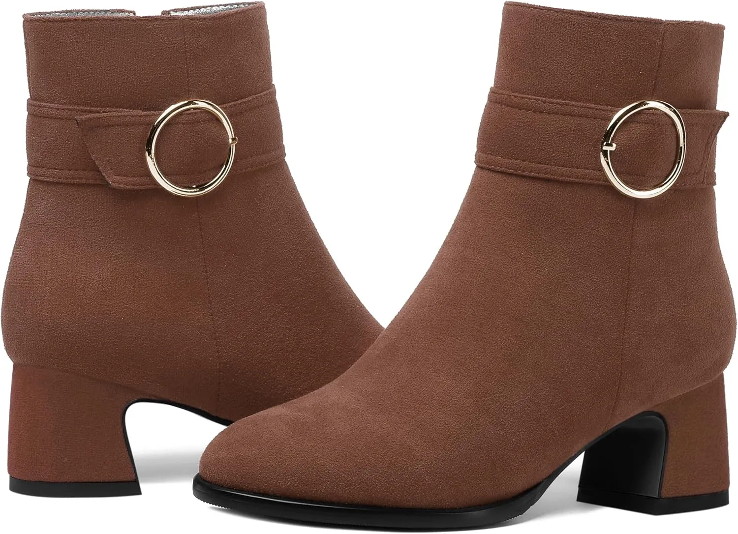 SHOWFOREST Womens Round Toe Travel Buckle Suede Solid Hiking Ankle Strap Chunky Low Heel Ankle High Boots 2 Inch