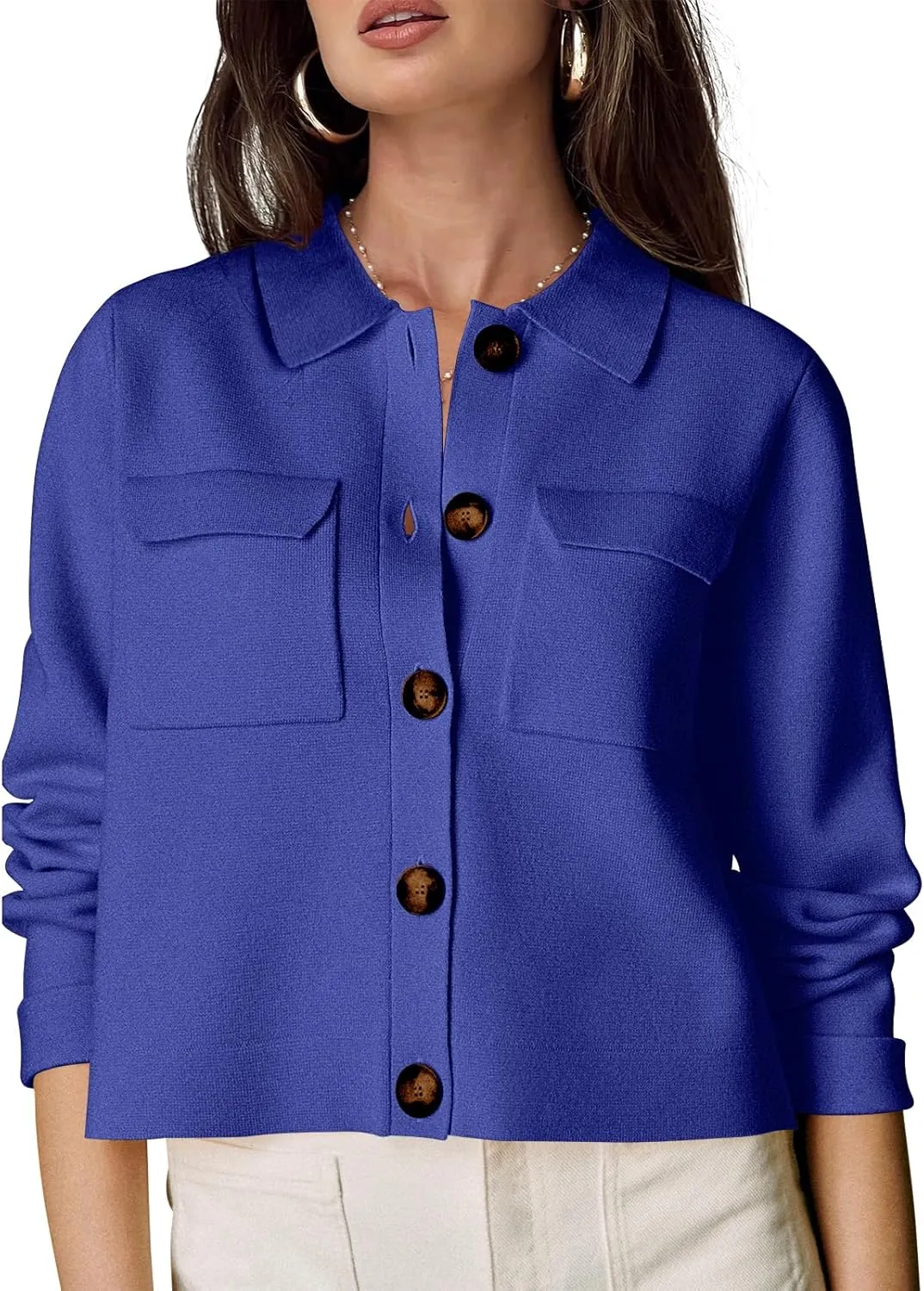 Shy Velvet Women 2025 Shackets Jacket Patch-Pocket Sweaters Merino Cardigan Open Front Button Down Cropped Jackets