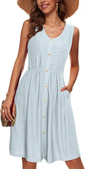 Simplee Womens Sleeveless Sundress Summer Casual Eyelet Button Down Short Dress Flowy Beach Tank Mini Dress with Pocket