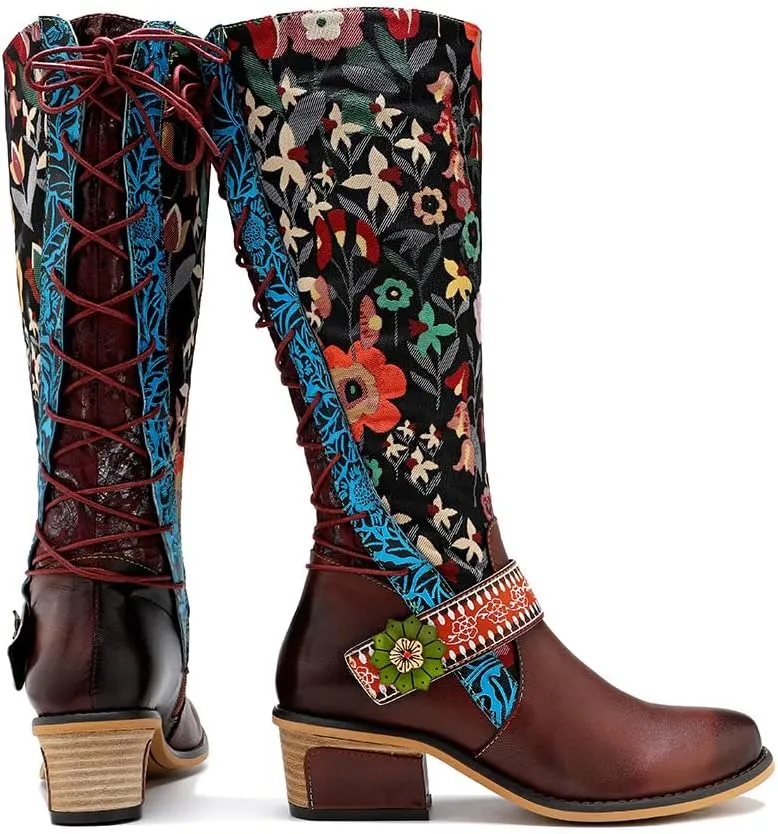 Socofy Womens Leather Knee Long Block Heels Boots, Vintage Bohemian Long Boots Handmade Flat Knee Boots Winter Snow Boots Cowgirls Wide Calf Splicing Pattern Anti Slip Walking Boots for Party Wedding