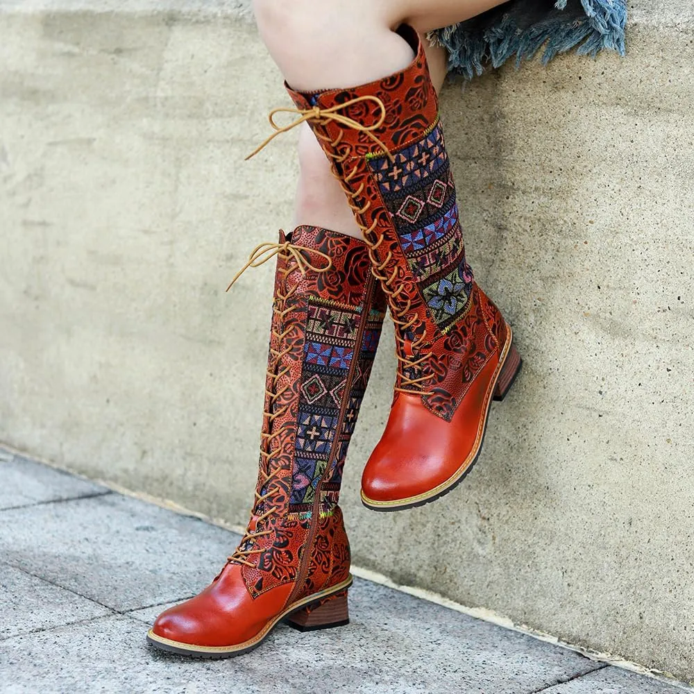 Socofy Womens Leather Knee Long Block Heels Boots, Vintage Bohemian Long Boots Handmade Flat Knee Boots Winter Snow Boots Cowgirls Wide Calf Splicing Pattern Anti Slip Walking Boots for Party Wedding