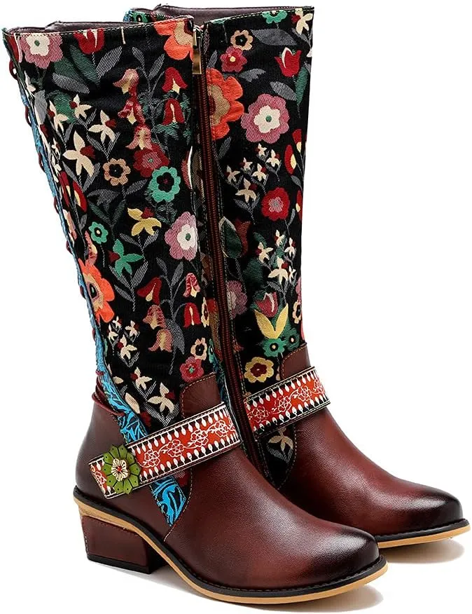 Socofy Womens Leather Knee Long Block Heels Boots, Vintage Bohemian Long Boots Handmade Flat Knee Boots Winter Snow Boots Cowgirls Wide Calf Splicing Pattern Anti Slip Walking Boots for Party Wedding