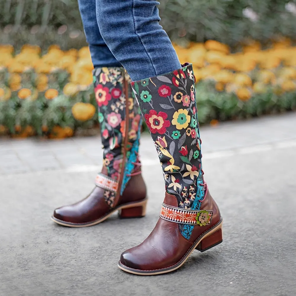 Socofy Womens Leather Knee Long Block Heels Boots, Vintage Bohemian Long Boots Handmade Flat Knee Boots Winter Snow Boots Cowgirls Wide Calf Splicing Pattern Anti Slip Walking Boots for Party Wedding