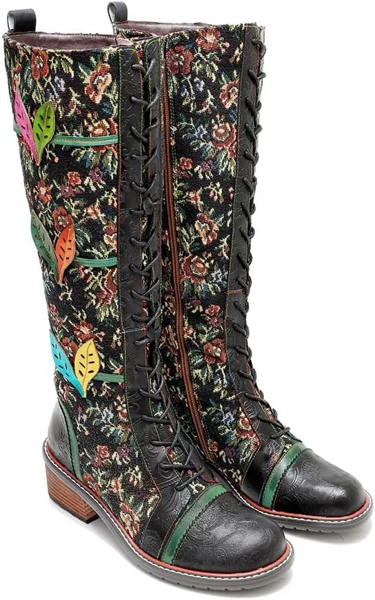 Socofy Womens Leather Knee Long Block Heels Boots, Vintage Bohemian Long Boots Handmade Flat Knee Boots Winter Snow Boots Cowgirls Wide Calf Splicing Pattern Anti Slip Walking Boots for Party Wedding