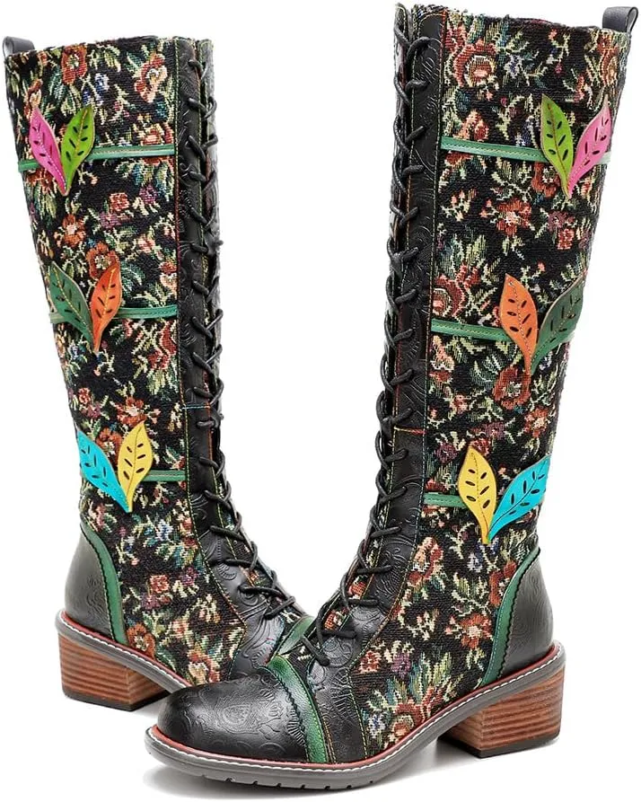 Socofy Womens Leather Knee Long Block Heels Boots, Vintage Bohemian Long Boots Handmade Flat Knee Boots Winter Snow Boots Cowgirls Wide Calf Splicing Pattern Anti Slip Walking Boots for Party Wedding