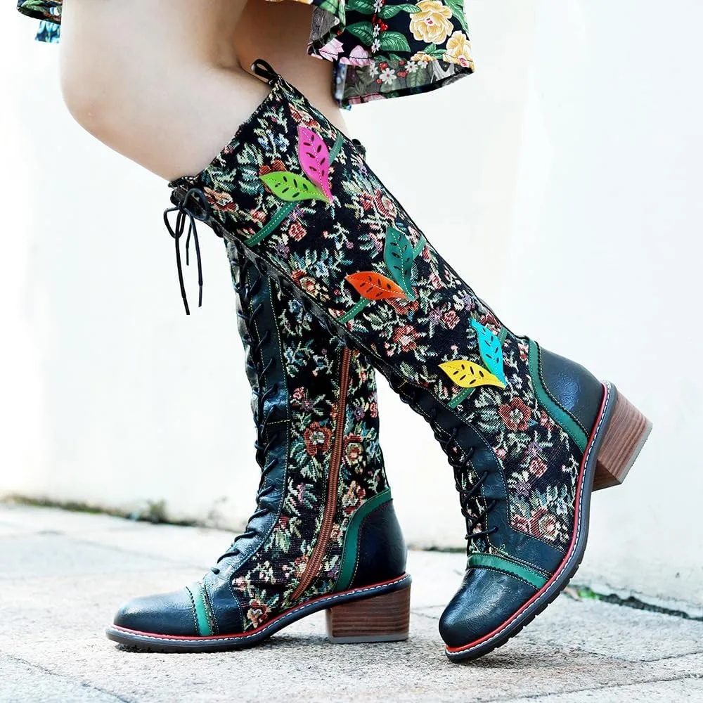 Socofy Womens Leather Knee Long Block Heels Boots, Vintage Bohemian Long Boots Handmade Flat Knee Boots Winter Snow Boots Cowgirls Wide Calf Splicing Pattern Anti Slip Walking Boots for Party Wedding