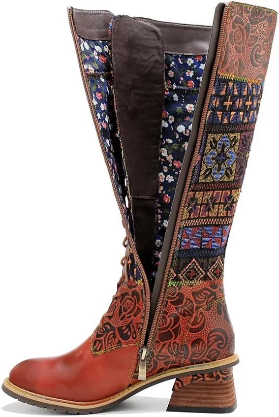 Socofy Womens Leather Knee Long Block Heels Boots, Vintage Bohemian Long Boots Handmade Flat Knee Boots Winter Snow Boots Cowgirls Wide Calf Splicing Pattern Anti Slip Walking Boots for Party Wedding