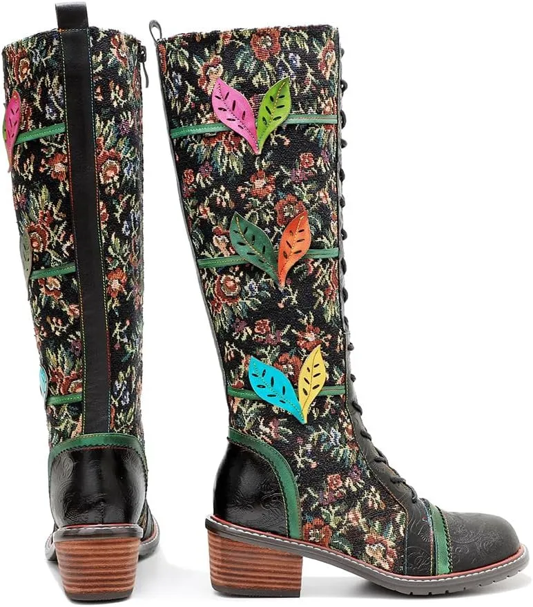 Socofy Womens Leather Knee Long Block Heels Boots, Vintage Bohemian Long Boots Handmade Flat Knee Boots Winter Snow Boots Cowgirls Wide Calf Splicing Pattern Anti Slip Walking Boots for Party Wedding
