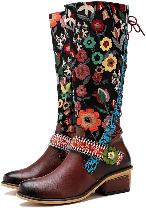 Socofy Womens Leather Knee Long Block Heels Boots, Vintage Bohemian Long Boots Handmade Flat Knee Boots Winter Snow Boots Cowgirls Wide Calf Splicing Pattern Anti Slip Walking Boots for Party Wedding